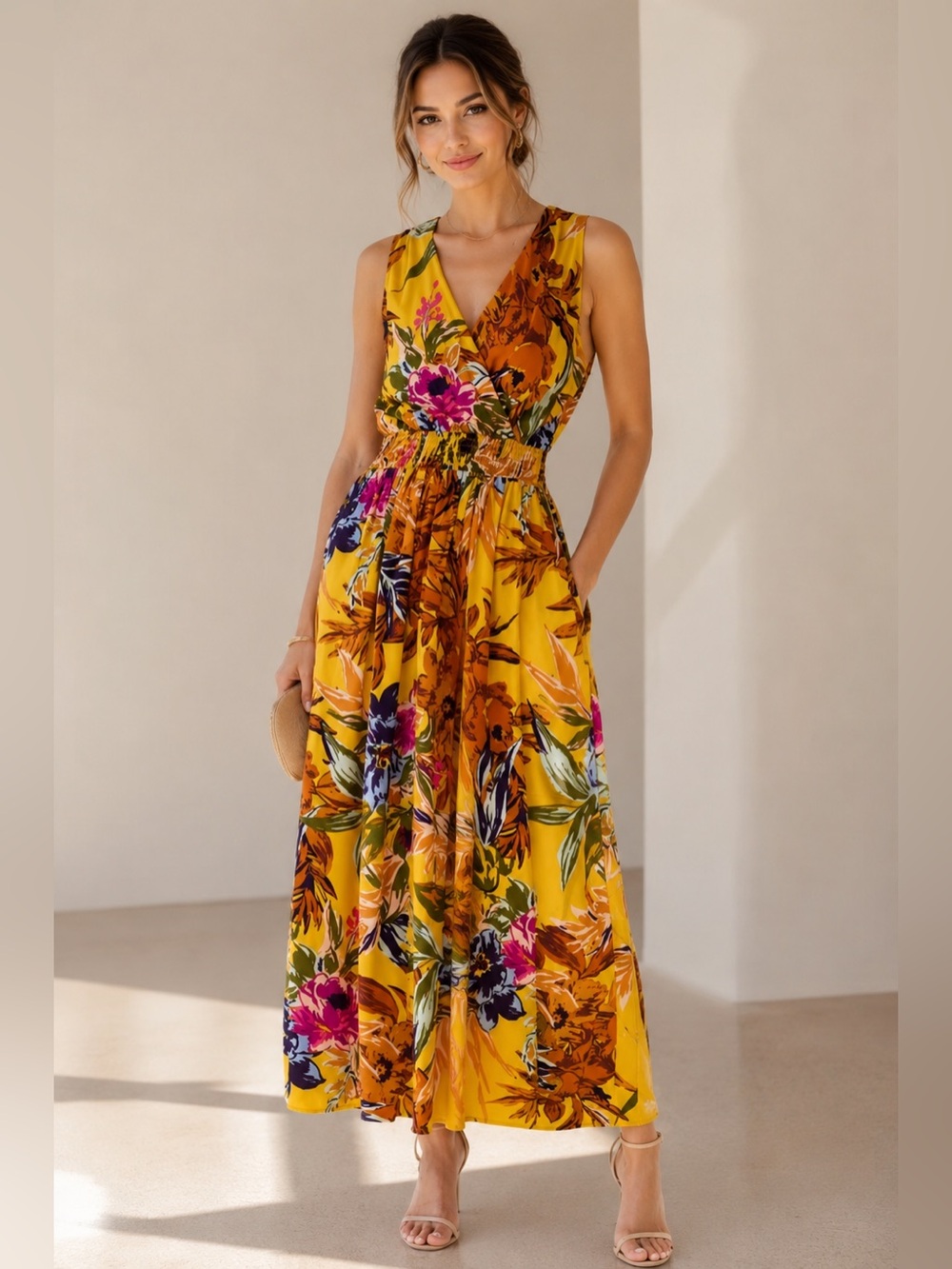 Halogen Yellow Floral Sleeveless Maxi Dress